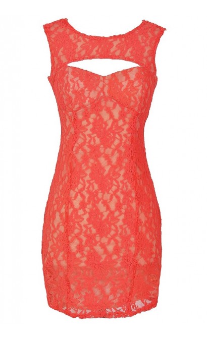 Lace Cutout Bustier Bodycon Designer Dress in Coral